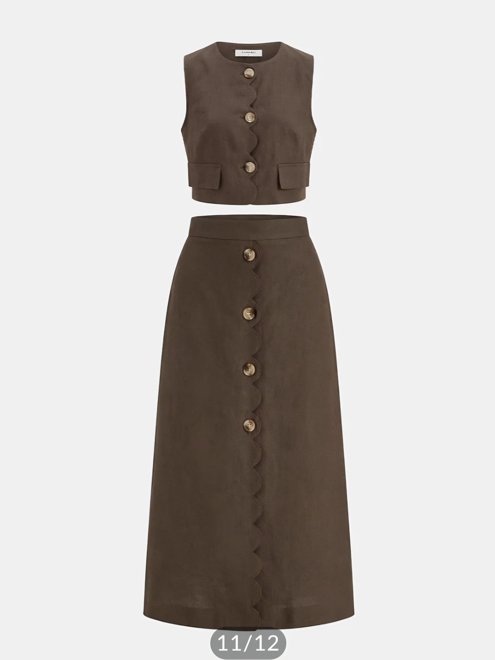Commense Chocolate Brown Maxi Skirt with Scallop Button Placket